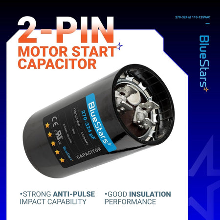 Single 270-324 uF 110-125 VAC round motor start capacitor with 2-pin terminal connection.