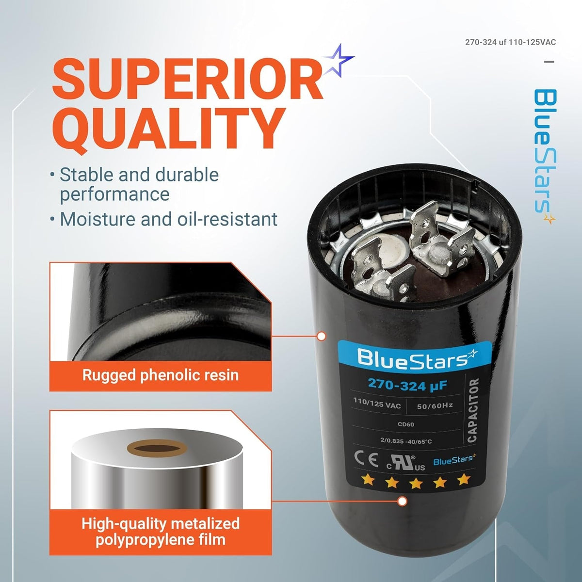 BlueStars 270-324 uF 110-125 VAC round motor start capacitor with phenolic resin casing and metalized film details.