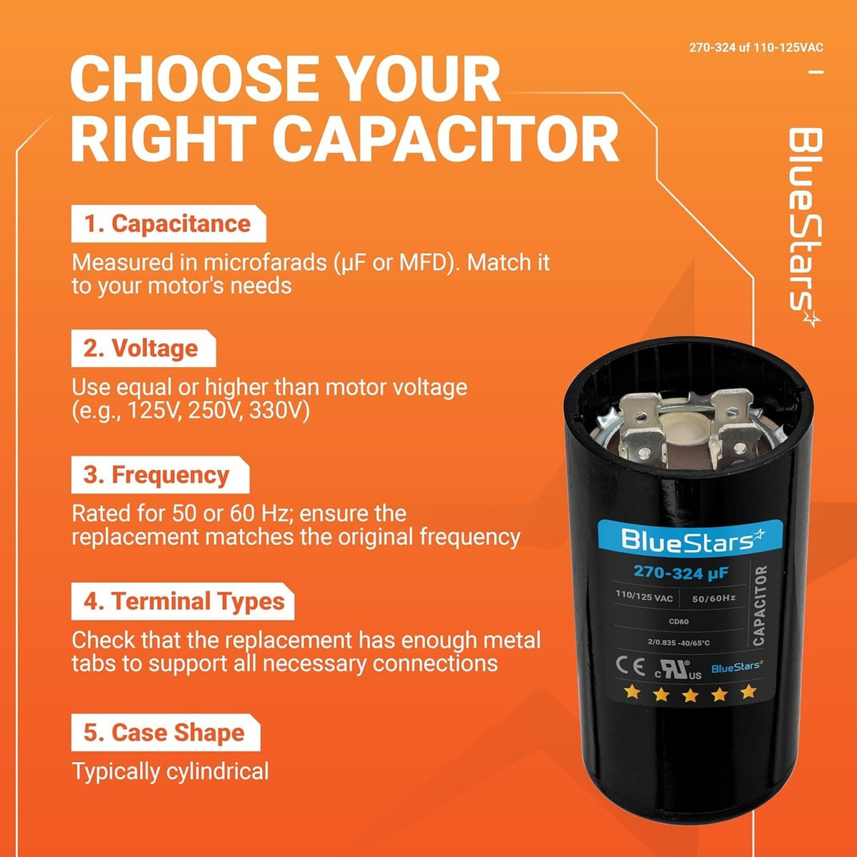 Educational infographic showing how to select a 270-324 uF 110-125 VAC round motor start capacitor.