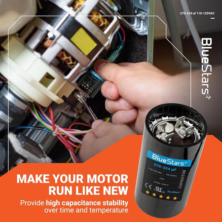 Hand installing a 270-324 uF 110-125 VAC round motor start capacitor into a pump motor.
