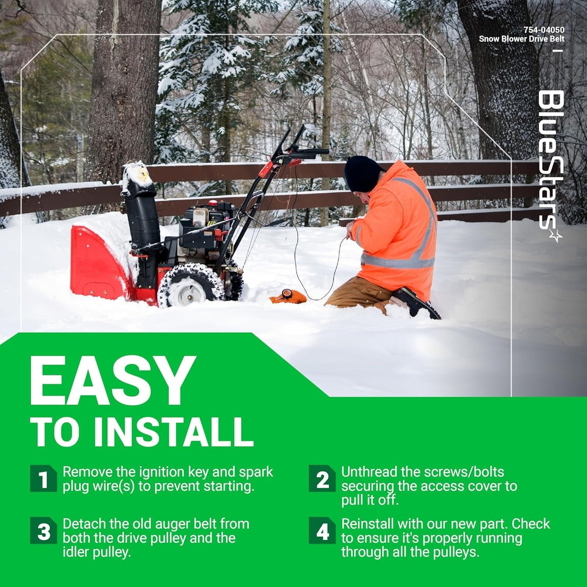 Instructional graphic showing steps to install a 954-04050A snow thrower auger belt on a snow blower.