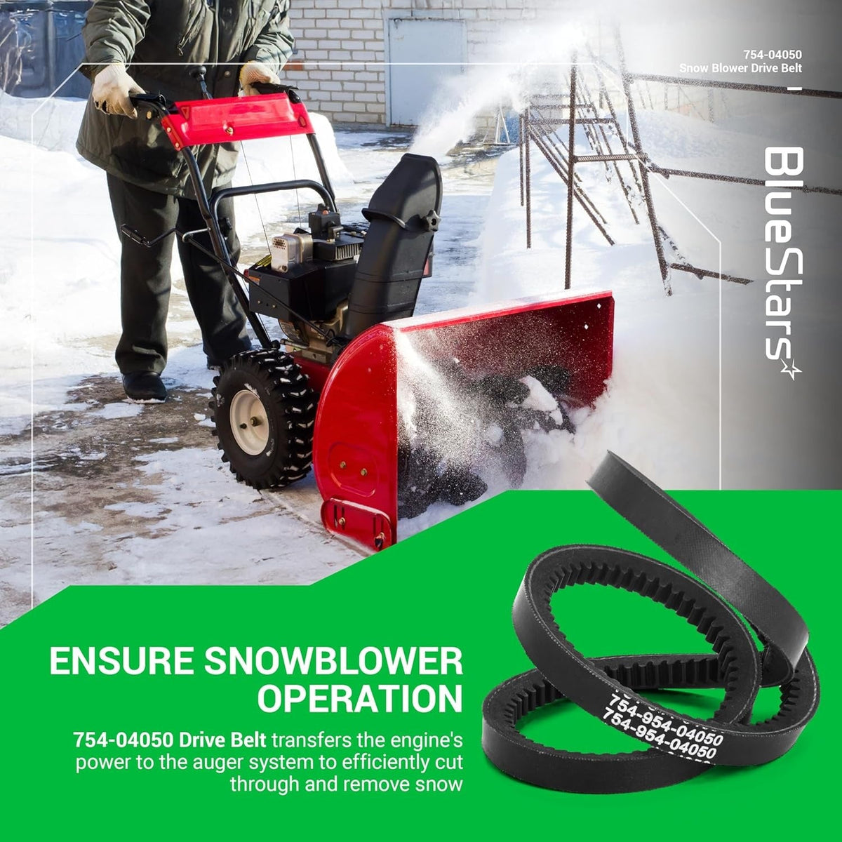 954-04050A snow thrower auger belt shown with a snow blower in operation.
