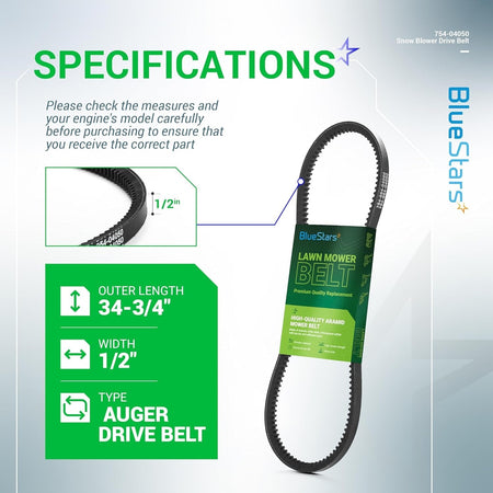 Infographic showing specifications for 954-04050A snow thrower auger belt with 1/2 inch width and 34-3/4 inch length.