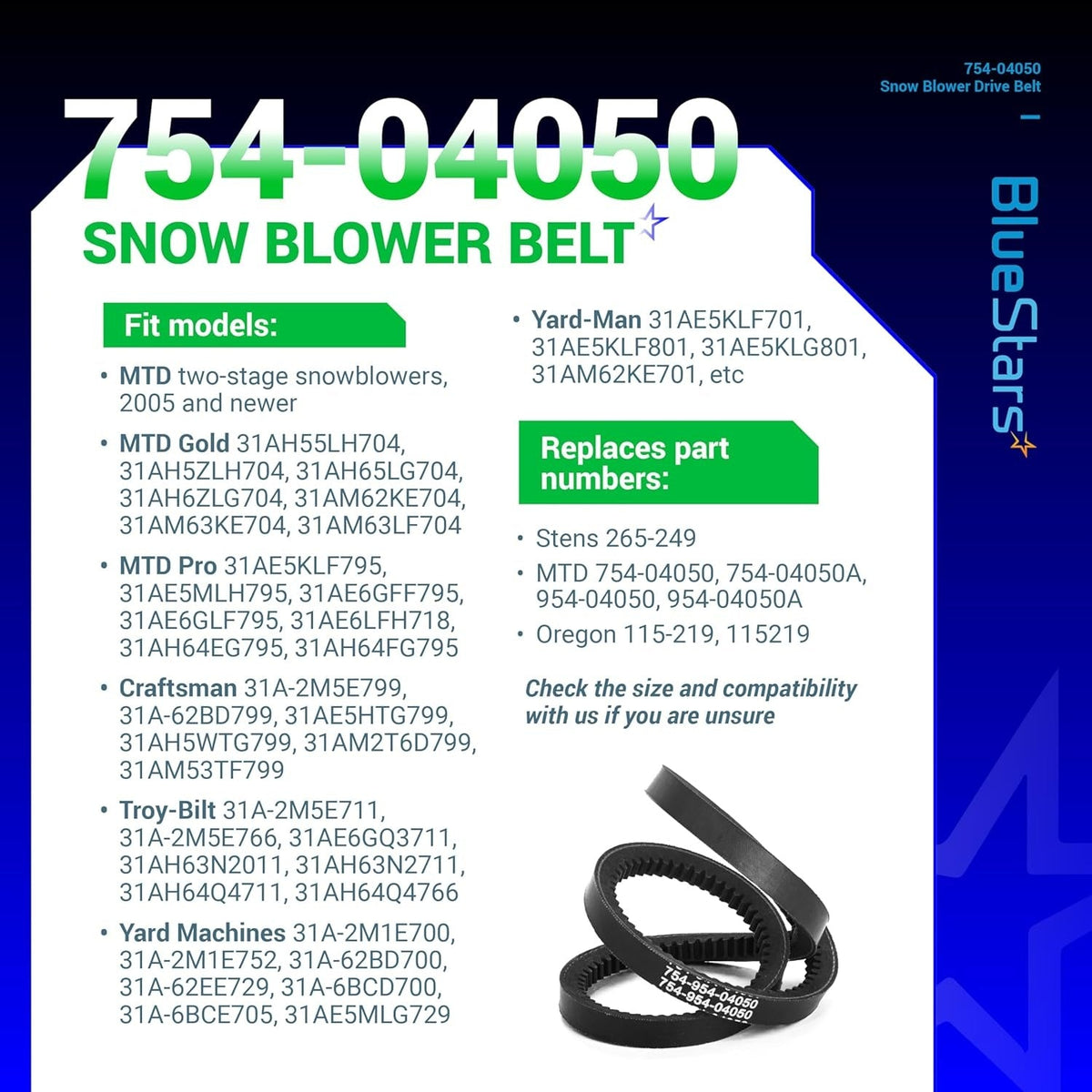 Informational product graphic for 754-04050A snow blower auger belt showing compatibility and replacement part numbers.