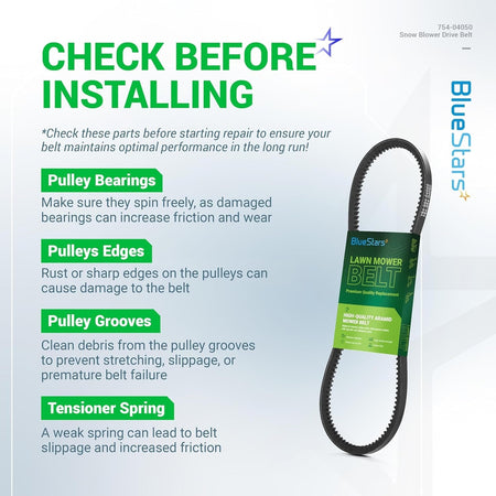 Installation guide for 954-04050A snow thrower auger belt showing pulley maintenance tips.