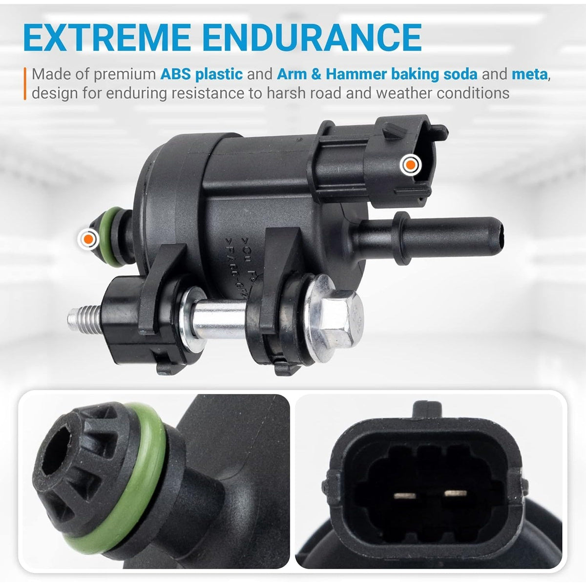 12610560 vapor canister purge valve showing mounting hardware, green O-ring seal, and electrical connector detail.