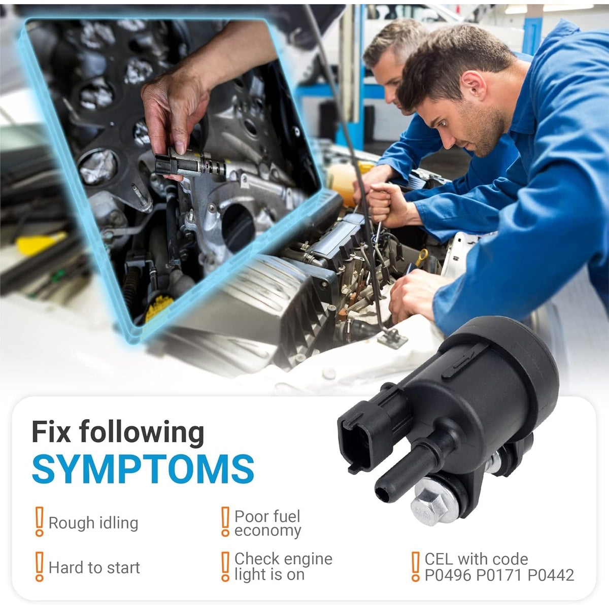 12610560 vapor canister purge valve shown with symptoms list and mechanic working on a car engine.