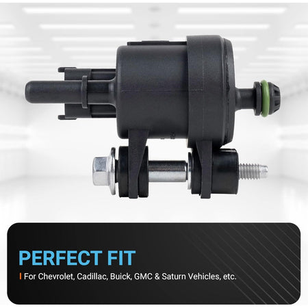 12610560 vapor canister purge valve with mounting bracket and bolt shown from a side profile view.