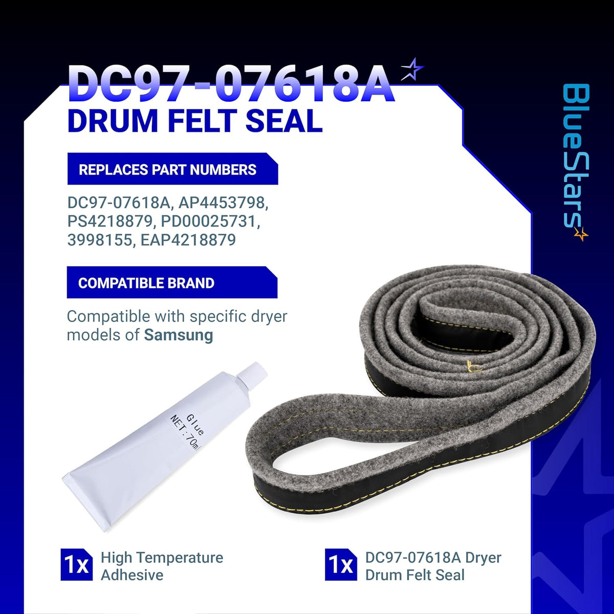 DC97-07618A dryer drum felt seal and adhesive glue kit for Samsung dryers.