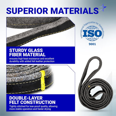Infographic showing DC97-07618A dryer drum felt seal construction with glass fiber material and double-layer stitching.