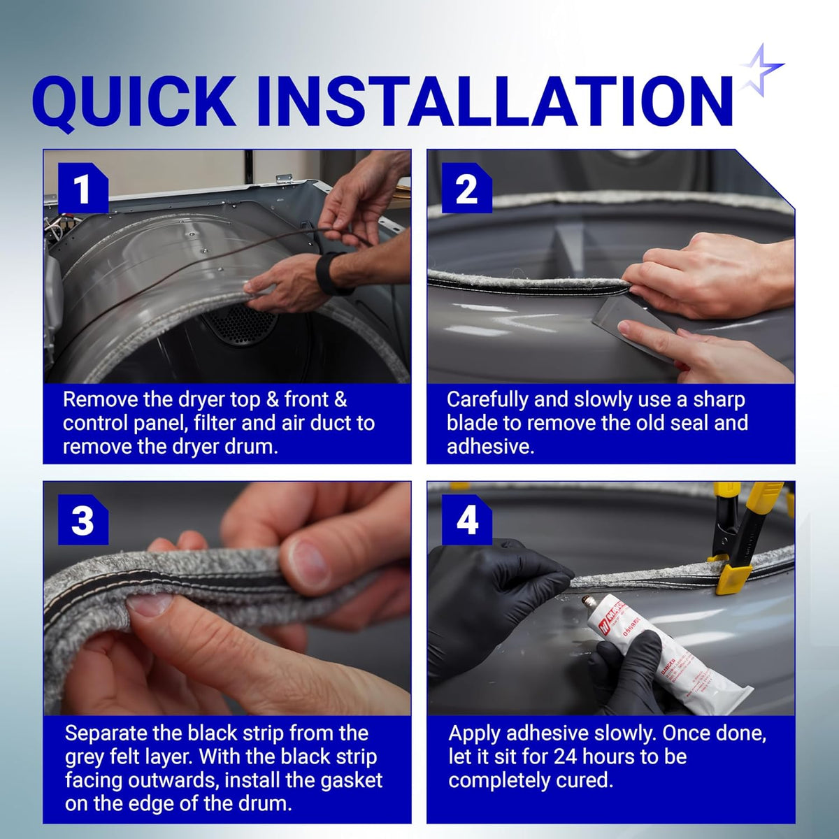 Four-step installation guide for Samsung DC97-07618A dryer drum felt seal showing removal and adhesive application.