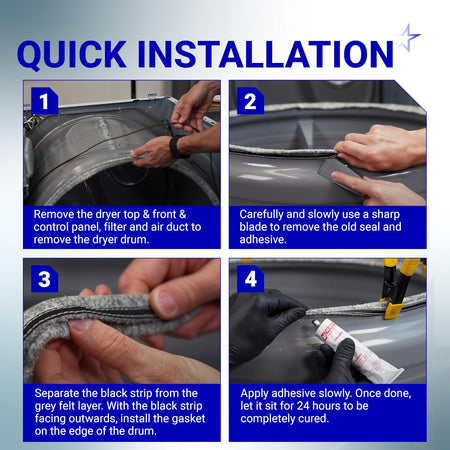 Four-step installation guide for Samsung DC97-07618A dryer drum felt seal showing removal and adhesive application.