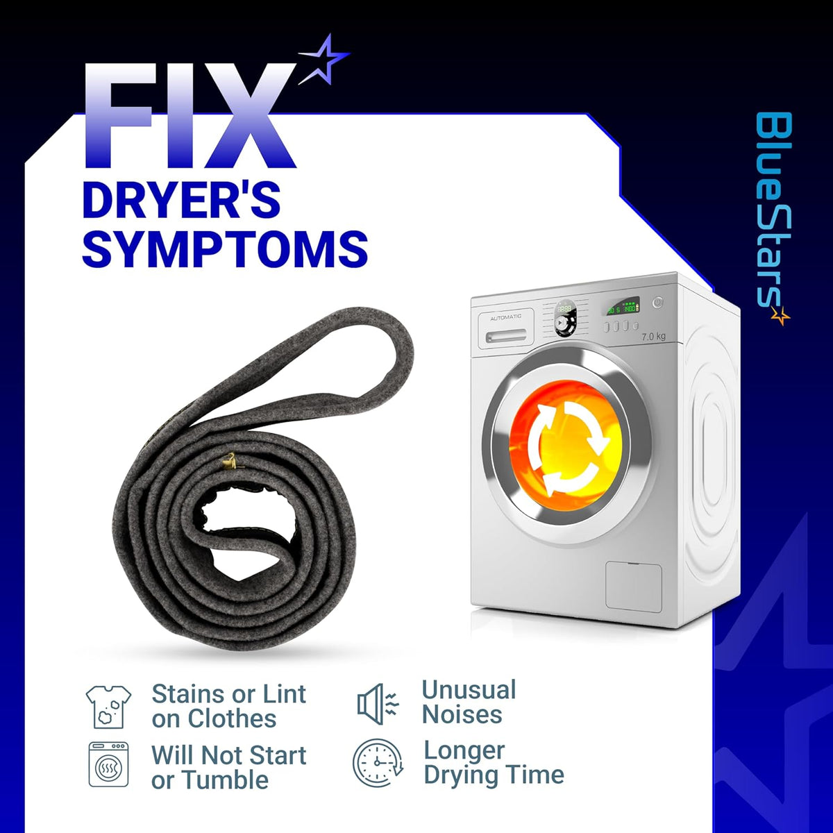 DC97-07618A dryer drum felt seal replacement part with infographic showing common dryer repair symptoms.