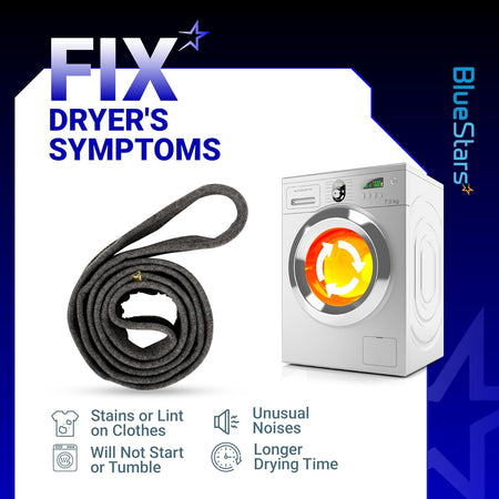 DC97-07618A dryer drum felt seal replacement part with infographic showing common dryer repair symptoms.