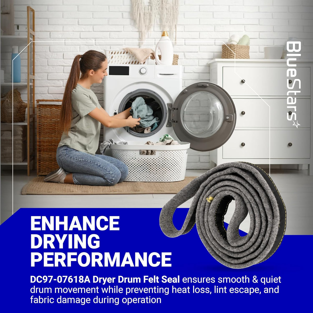 DC97-07618A dryer drum felt seal replacement part shown in a lifestyle graphic for Samsung dryer maintenance.