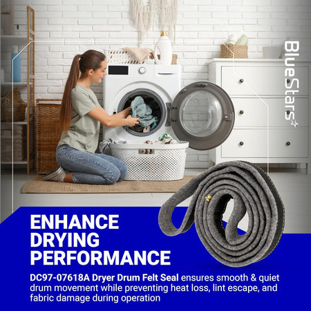 DC97-07618A dryer drum felt seal replacement part shown in a lifestyle graphic for Samsung dryer maintenance.