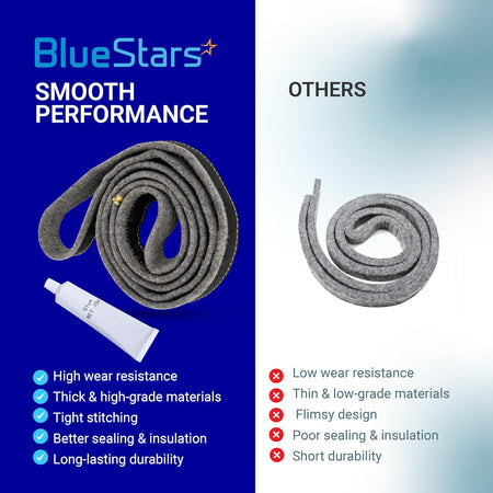 Comparison chart showing BlueStars DC97-07618A dryer drum felt seal with adhesive glue versus a generic seal.