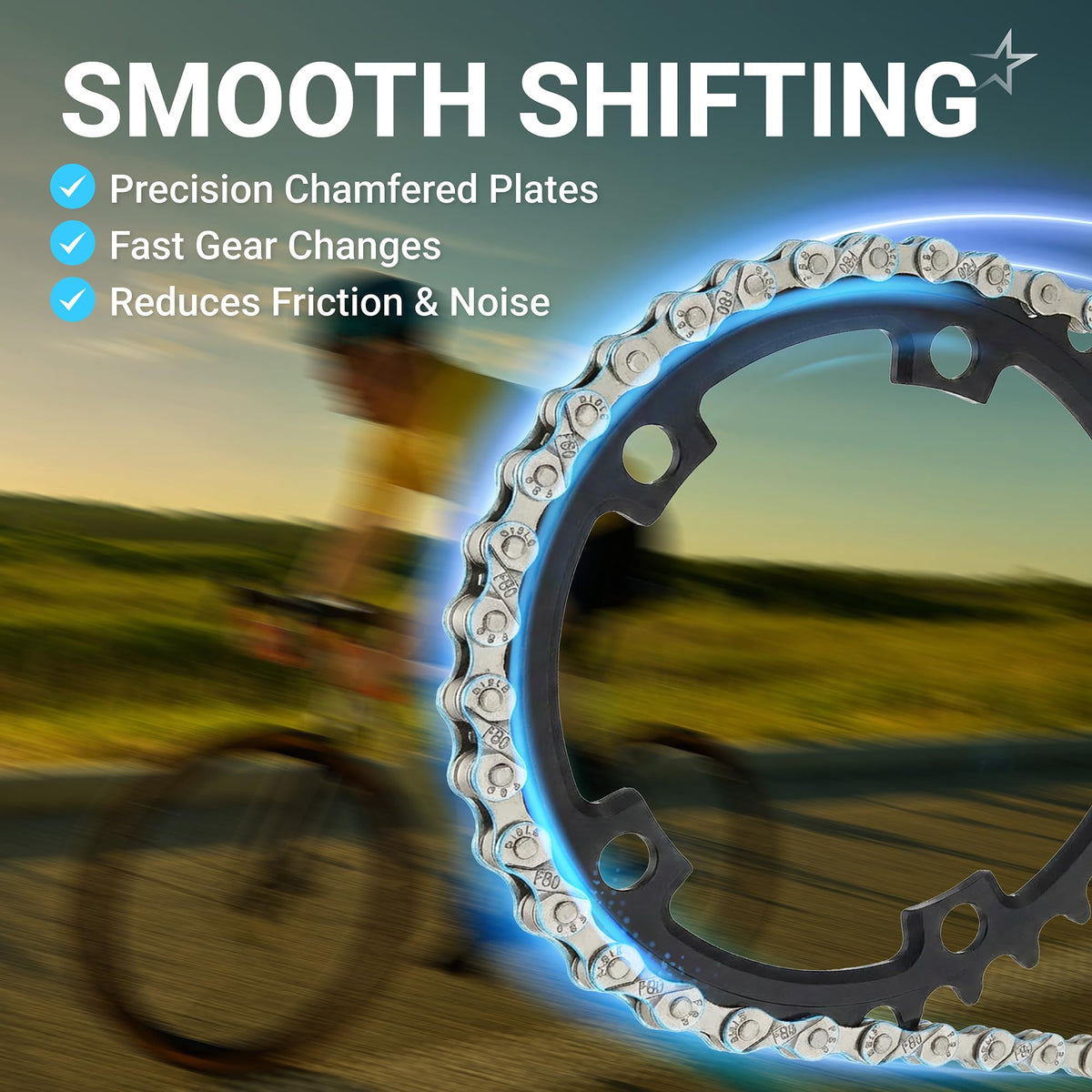6/7/8 speed bike chain on a chainring showing smooth shifting features and reduced friction.