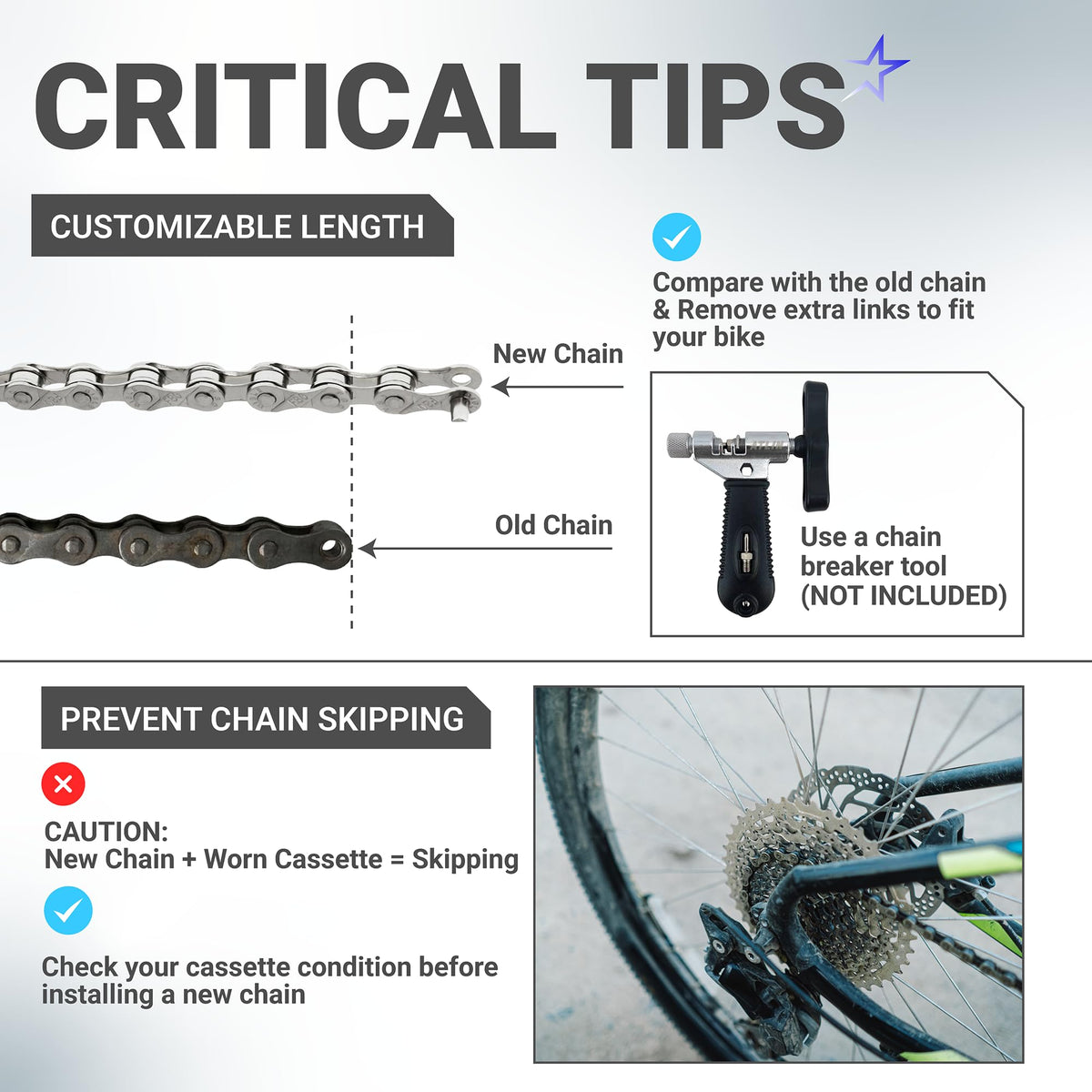Infographic showing installation tips for 6/7/8 speed bike chain, including length adjustment and cassette compatibility.