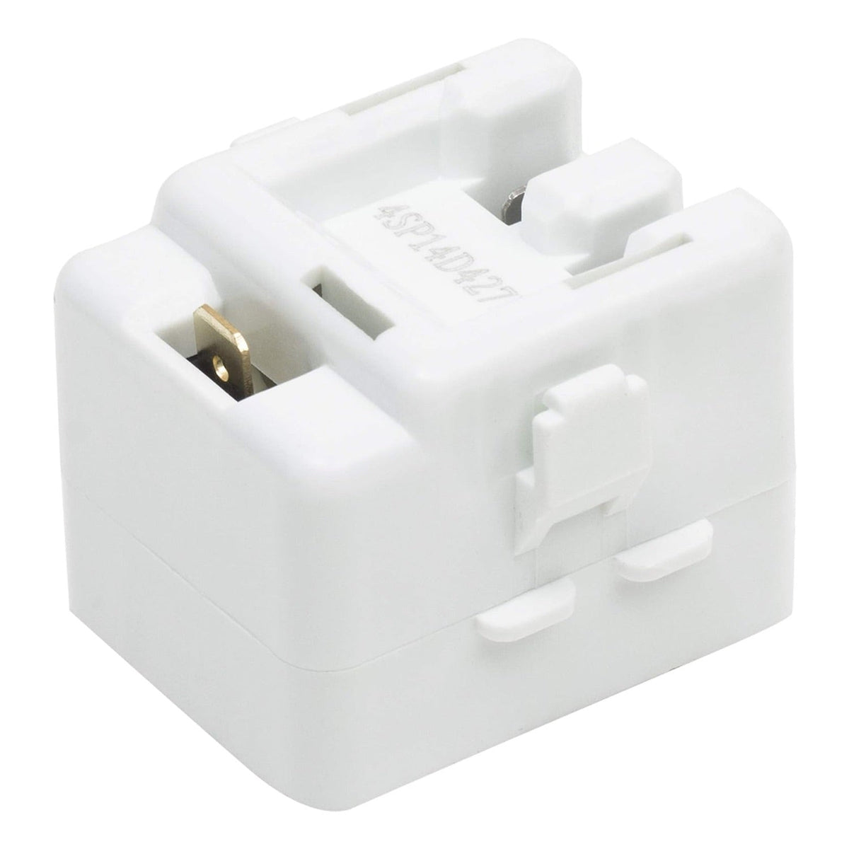 White refrigerator relay and overload replacement part for Whirlpool and Maytag refrigerators.