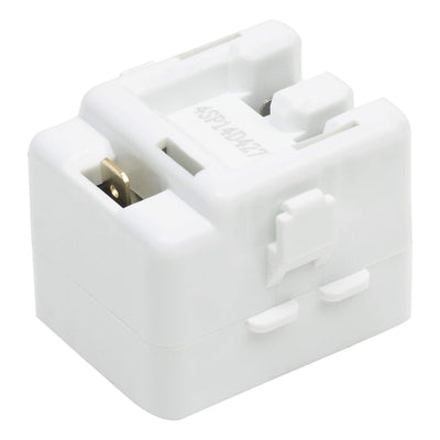 White refrigerator relay and overload replacement part for Whirlpool and Maytag refrigerators.