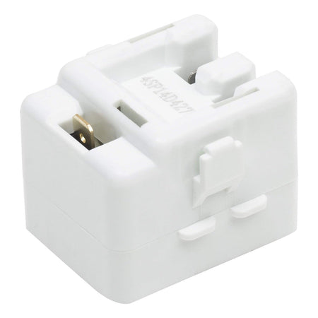 White refrigerator relay and overload replacement part for Whirlpool and Maytag refrigerators.