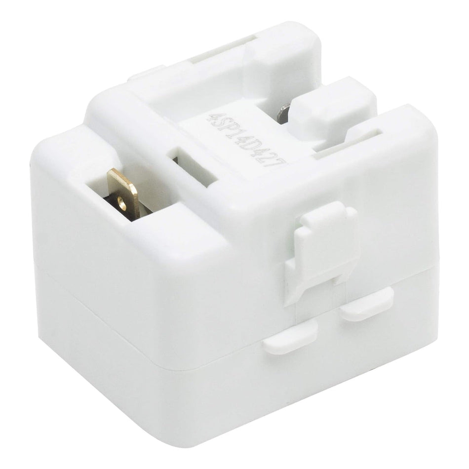 White refrigerator relay and overload replacement part for Whirlpool and Maytag refrigerators.