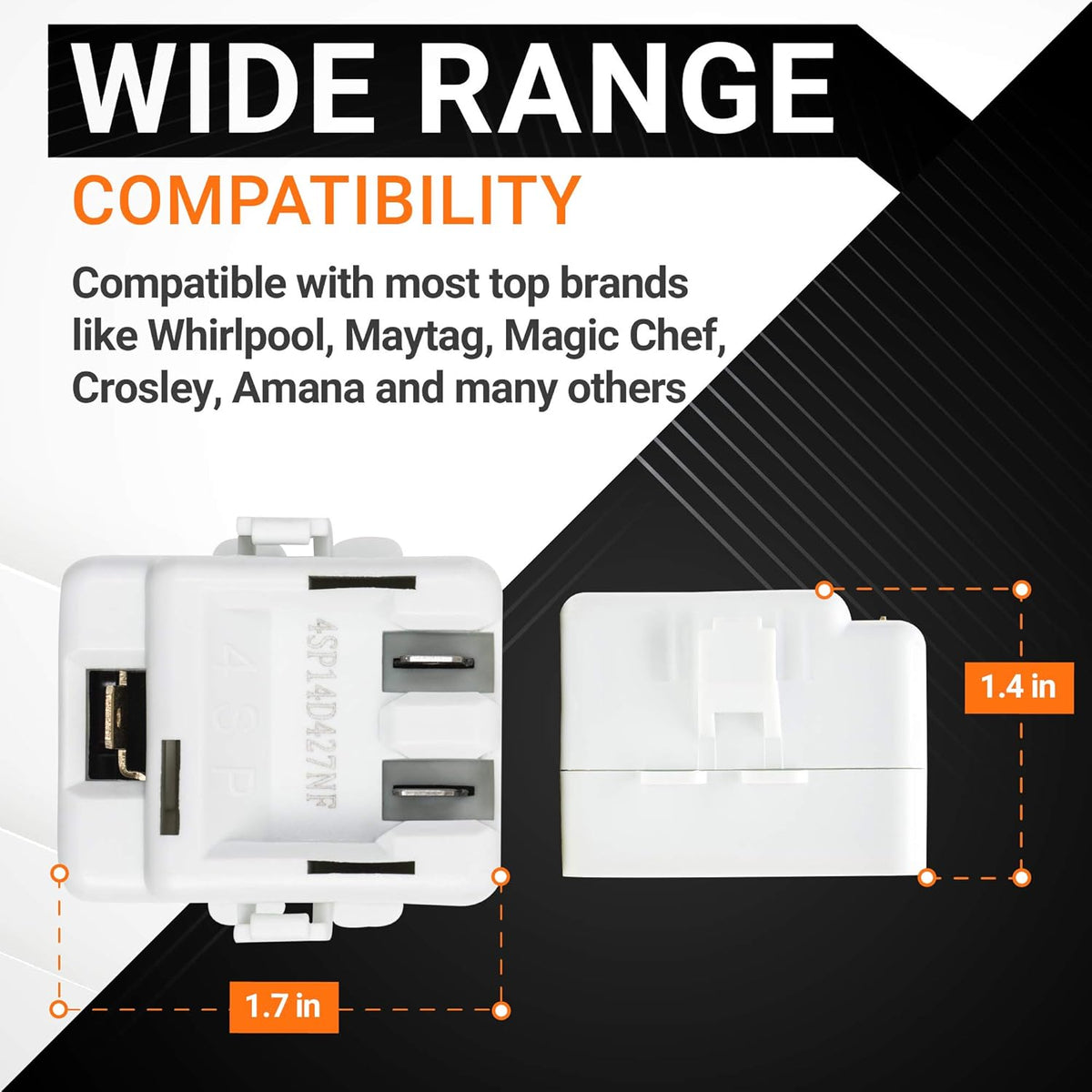61005518 refrigerator relay and overload replacement showing dimensions of 1.7 inches by 1.4 inches.