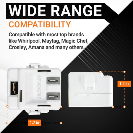 61005518 refrigerator relay and overload replacement showing dimensions of 1.7 inches by 1.4 inches.