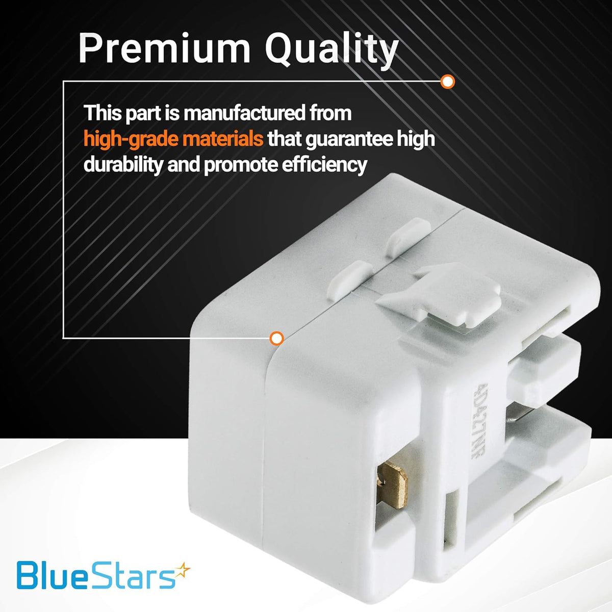 Close-up of 61005518 refrigerator relay and overload replacement part with premium quality text overlay.