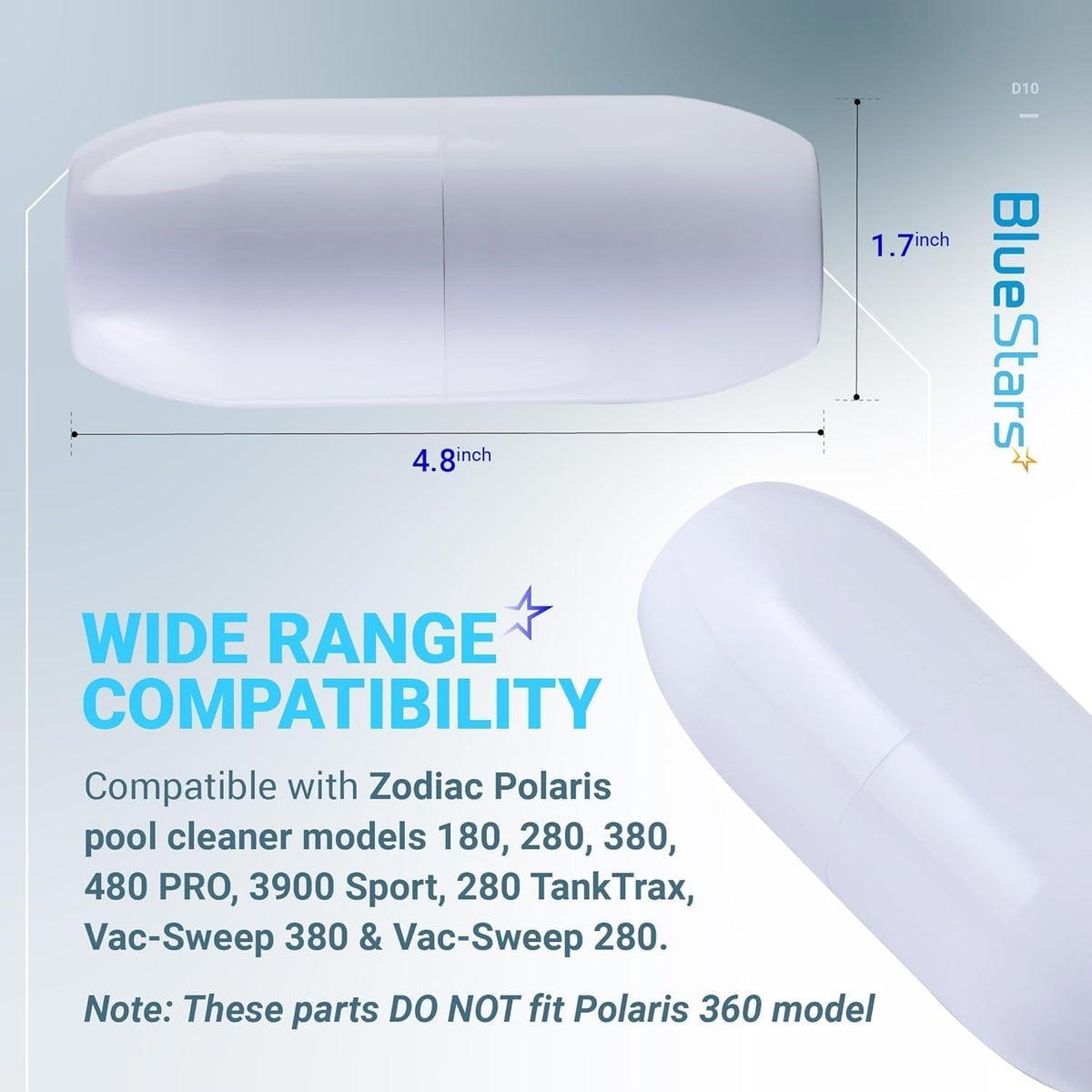 D10 pool cleaner feed hose float showing 4.8-inch by 1.7-inch dimensions and Zodiac Polaris compatibility chart.