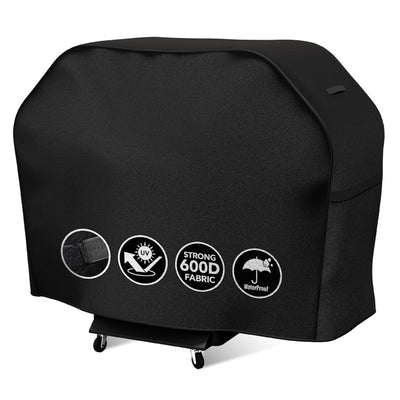 Black 52-inch heavy-duty 600D waterproof grill cover with UV protection icons.