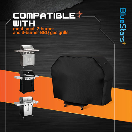 52 inch 600D grill cover shown with compatible 2 and 3-burner outdoor gas grills.