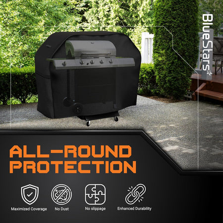 52-inch black 600D grill cover providing all-round protection for an outdoor gas grill.