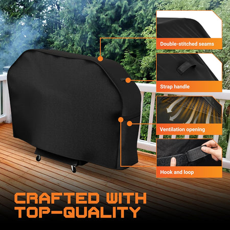 52 inch grill cover features with callouts for double-stitched seams, strap handles, ventilation, and hook and loop.