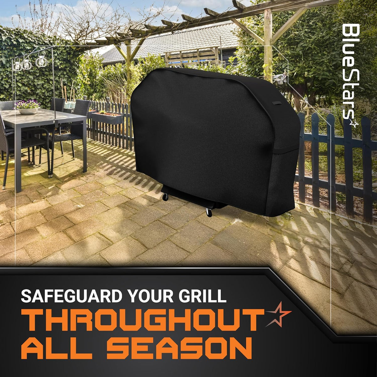 52-inch black 600D outdoor gas grill cover displayed on a patio setting.