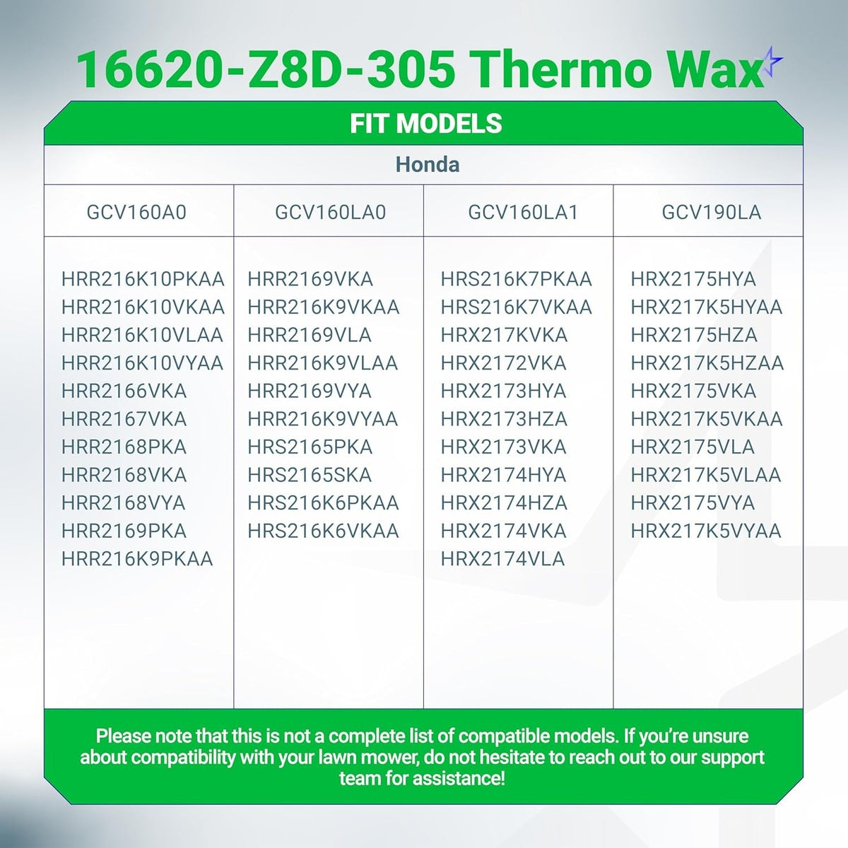 Compatibility chart for 16620-Z8D-305 Thermowax Assembly listing Honda GCV and HRR/HRX engine models.