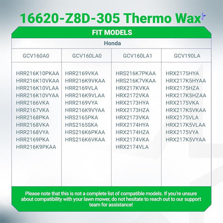 Compatibility chart for 16620-Z8D-305 Thermowax Assembly listing Honda GCV and HRR/HRX engine models.