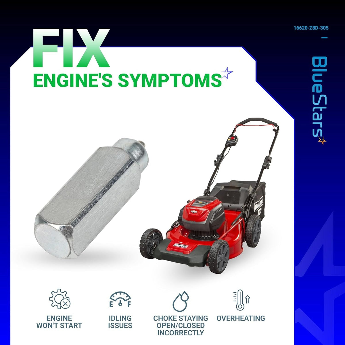 16620-Z8D-305 Thermowax assembly for Honda engines shown with a lawnmower and engine symptom troubleshooting icons.