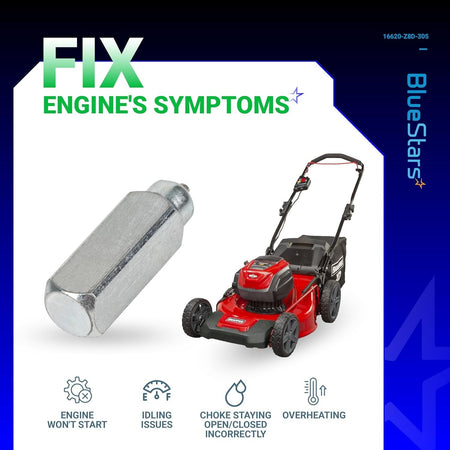 16620-Z8D-305 Thermowax assembly for Honda engines shown with a lawnmower and engine symptom troubleshooting icons.
