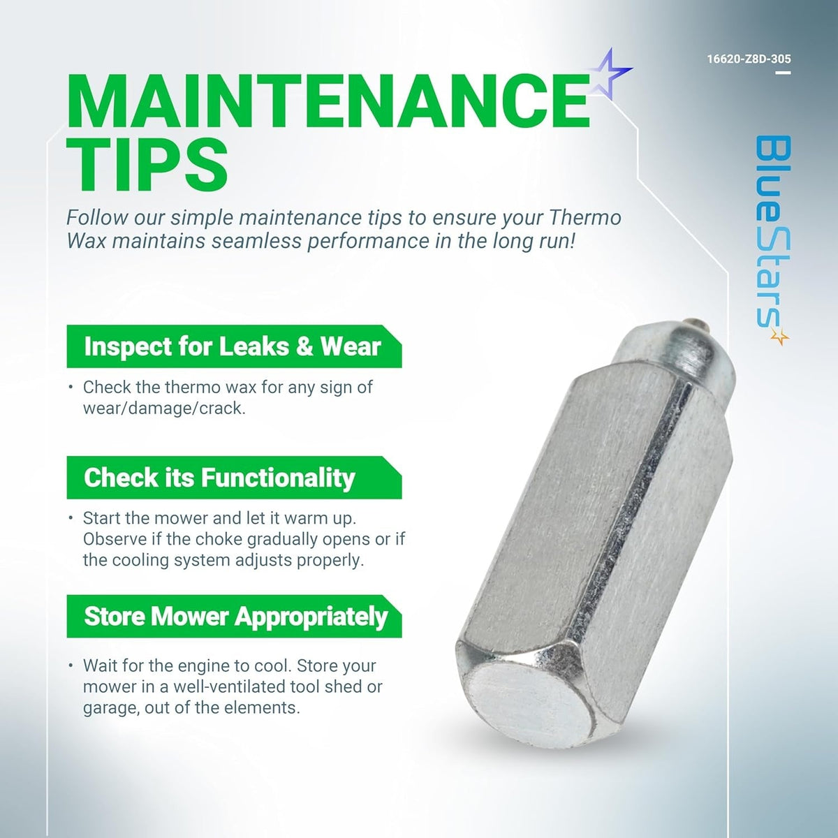 16620-Z8D-305 Thermowax Assembly maintenance tips infographic for Honda GCV engine parts.