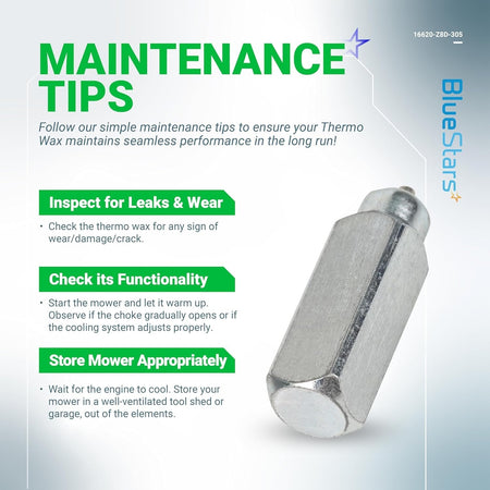 16620-Z8D-305 Thermowax Assembly maintenance tips infographic for Honda GCV engine parts.