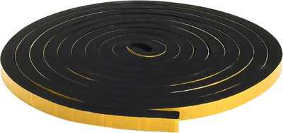 Coiled roll of 1/2 inch by 1/2 inch black adhesive foam weatherstrip tape.