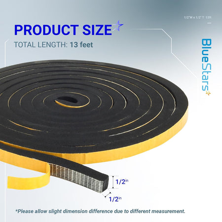 Coiled 1/2 inch by 1/2 inch adhesive foam tape showing 13 feet total length and cross-section dimensions.