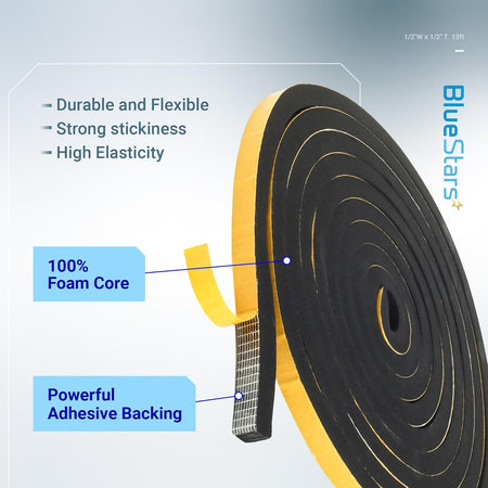 Coiled 1/2 inch by 1/2 inch adhesive foam tape with a visible foam core and adhesive backing.