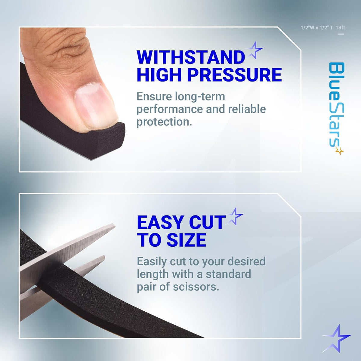 Infographic showing 1/2 inch adhesive foam tape being pressed and cut with scissors to demonstrate durability and ease.