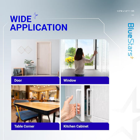Infographic showing wide application of 1/2 in x 1/2 in adhesive foam tape for doors, windows, tables, and cabinets.