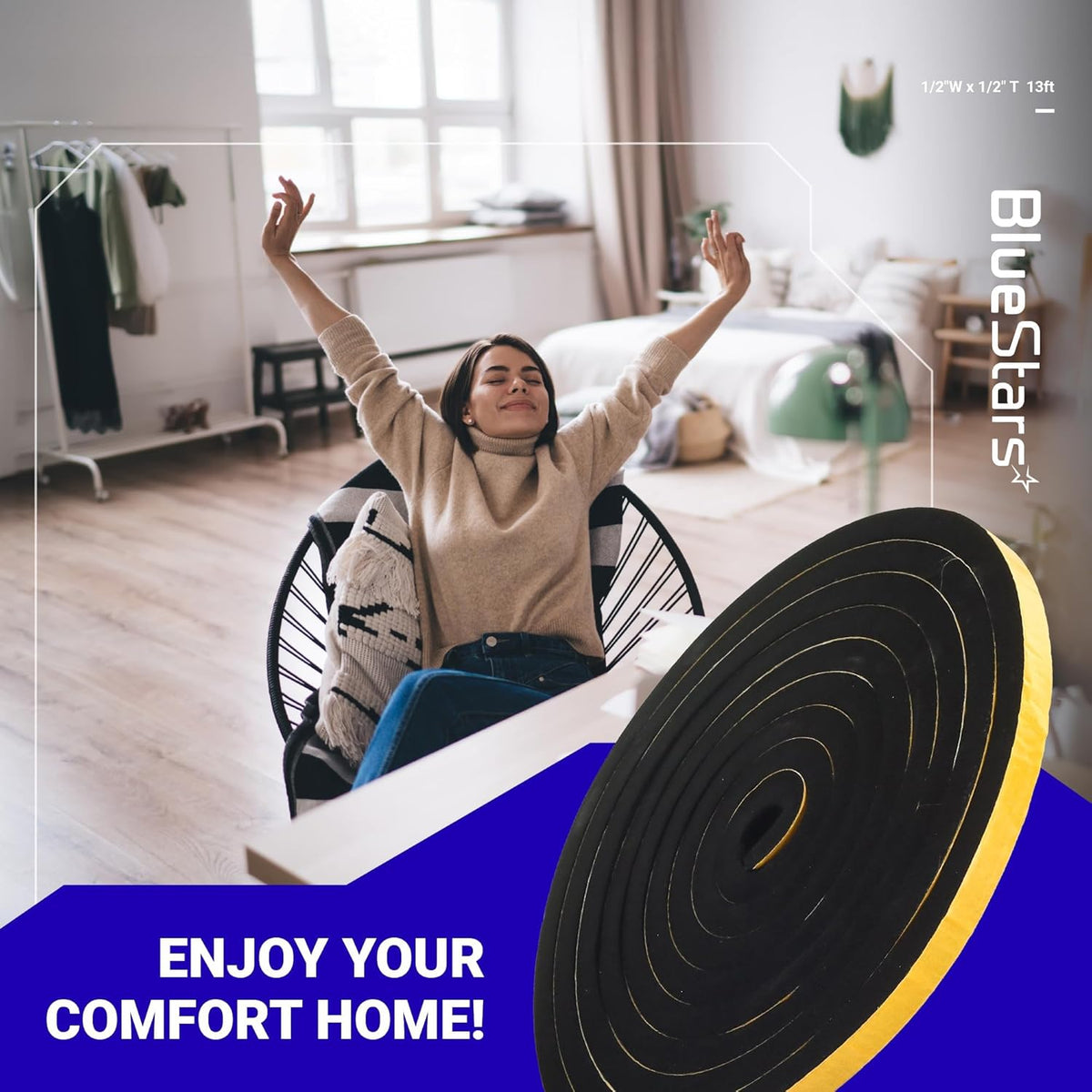 Coiled 1/2 inch by 1/2 inch adhesive foam weatherstrip tape for home insulation.
