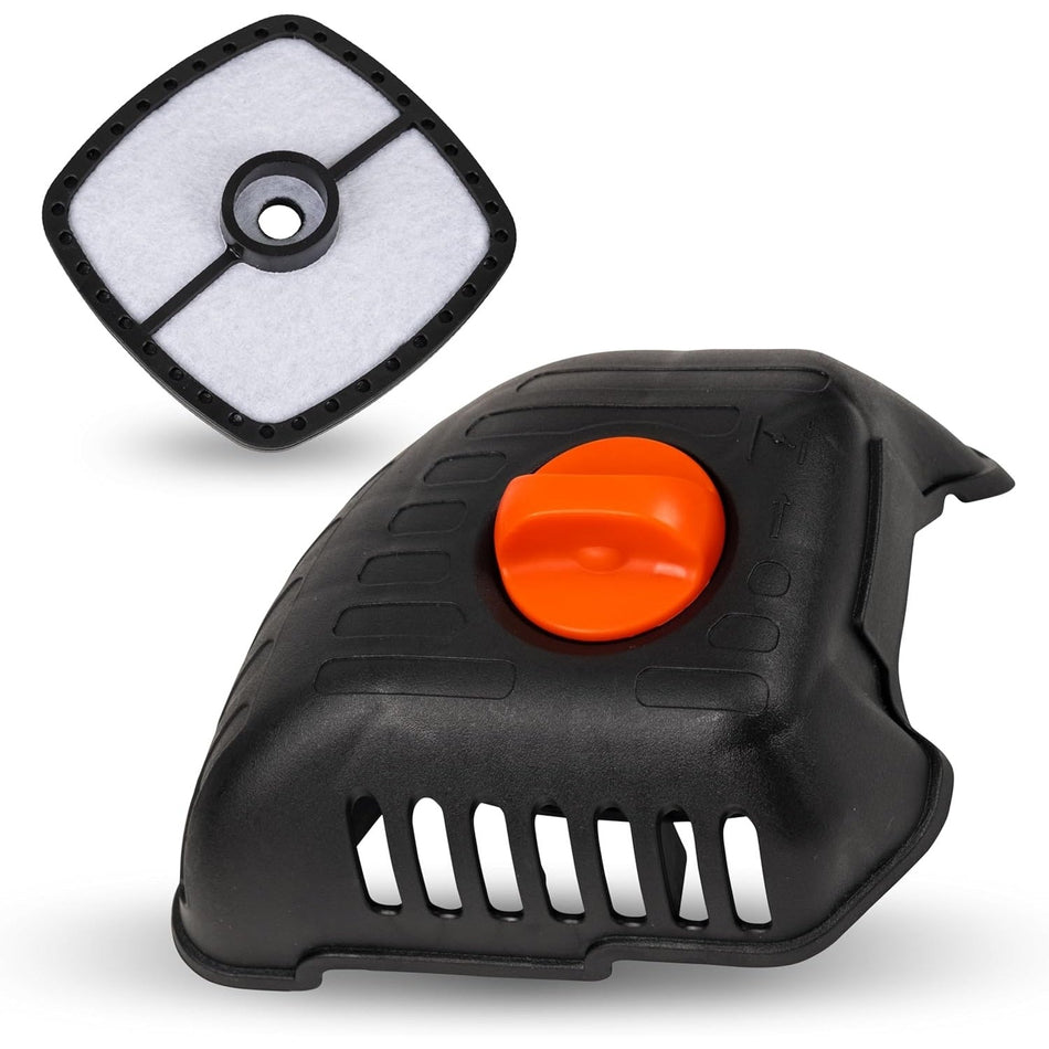 Air filter cover with orange thumbscrew and replacement air filter for Echo SRM-225 trimmers.
