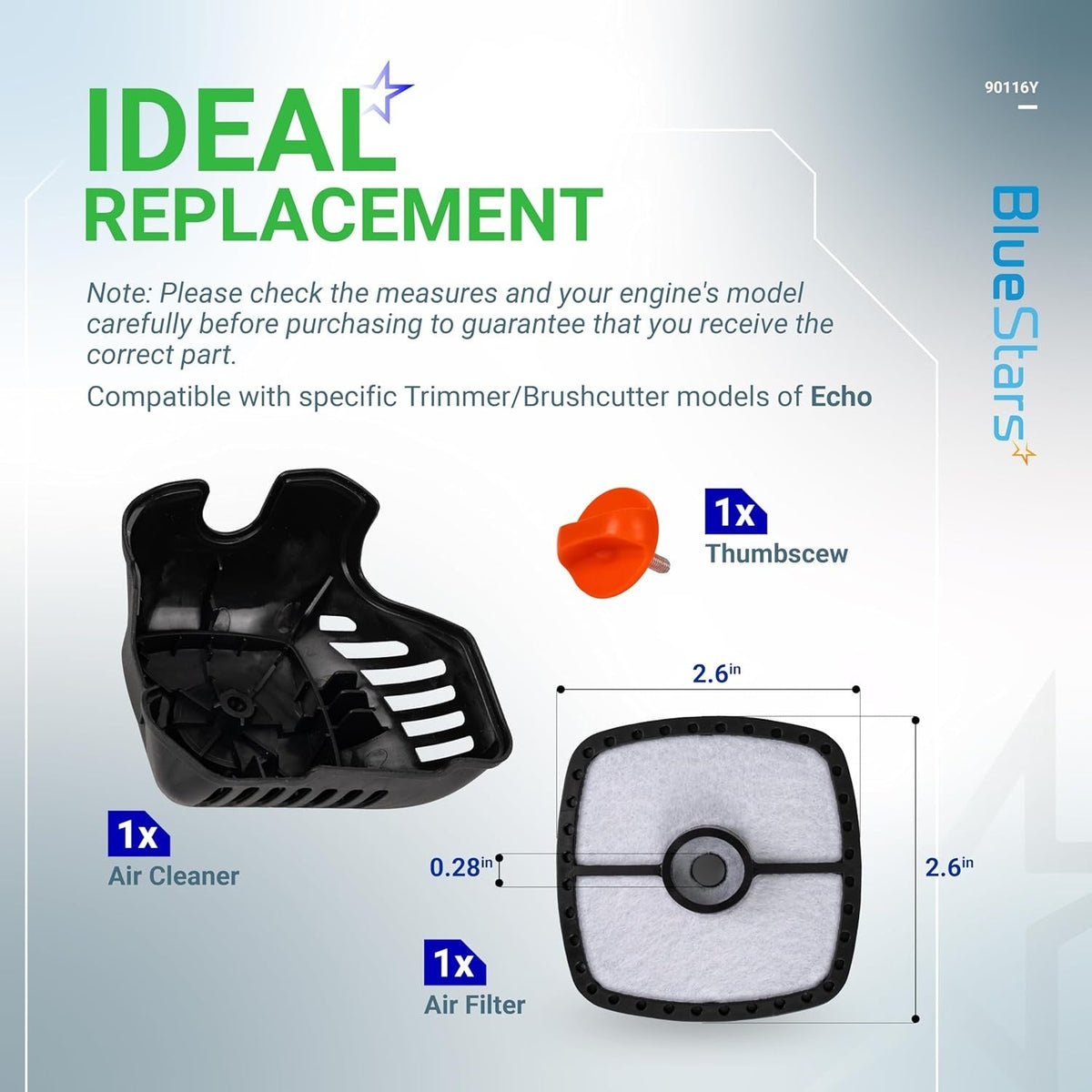 90116Y air filter cover kit for Echo trimmers showing air cleaner, air filter, and thumbscrew with dimensions.